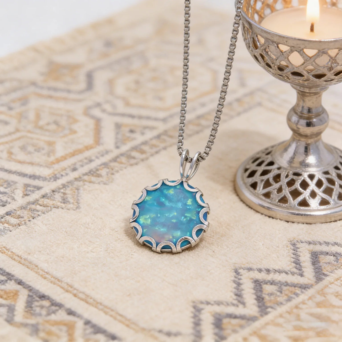 Wave Frame Opal Pendant Necklace,Round Blue Green Opal with Red Fire,White K Plated Floral Jewelry,Dainty Charms Gift for Women Pi-Mart