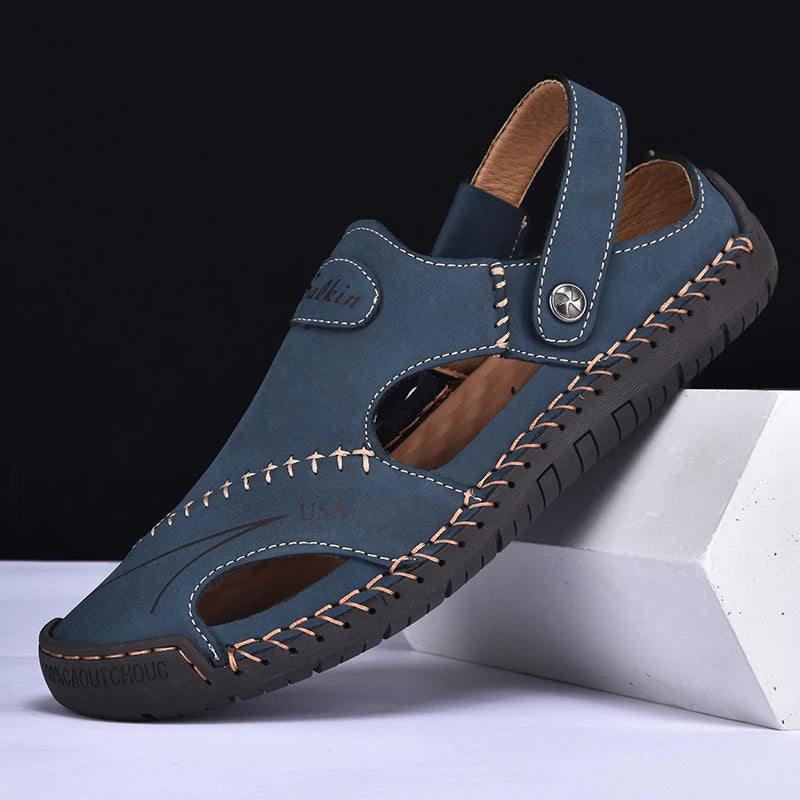 New Handmade Summer Sandals Men Breathable Leather Shoes Man Outdoor Men Sandals Antiskid Beach Sandals Hollow Shoes Fashion Pi-Mart