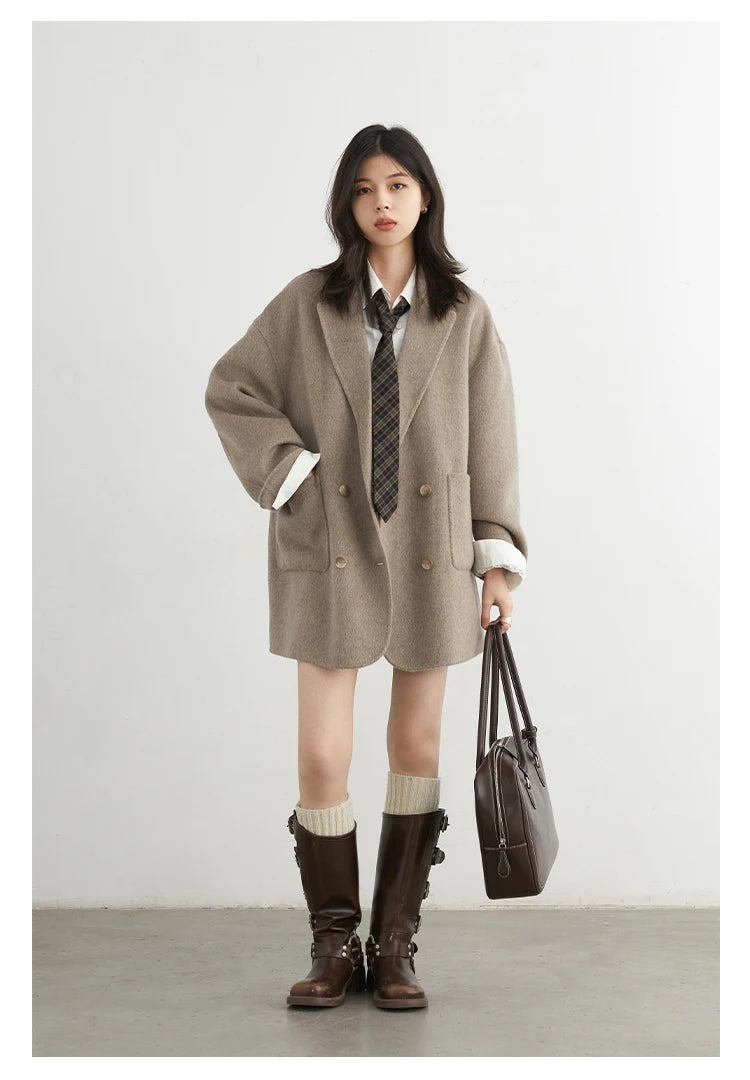 CHIC VEN New Women Woolen Coat Loose Solid Mid-length Double-sided Oversized Office Ladies Jackets Outerwear Autumn Winter 2026 Pi-Mart