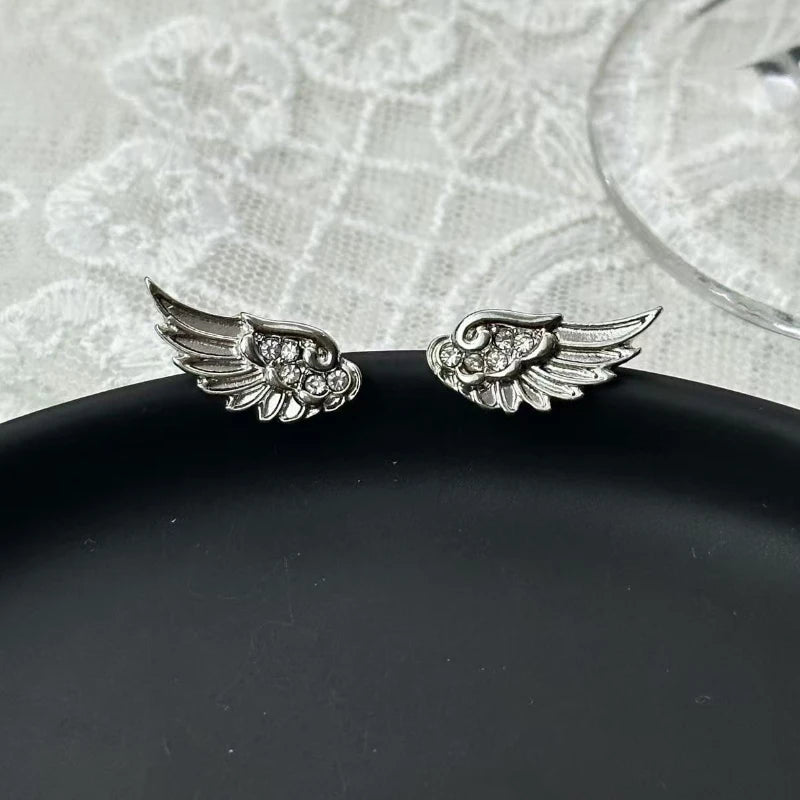 Fashion Zircon Wing Stud Earrings for Women Luxury Shiny Crystal Creative Angel Wings Cross Silver Color Ear Studs Jewelry Gifts Pi-Mart
