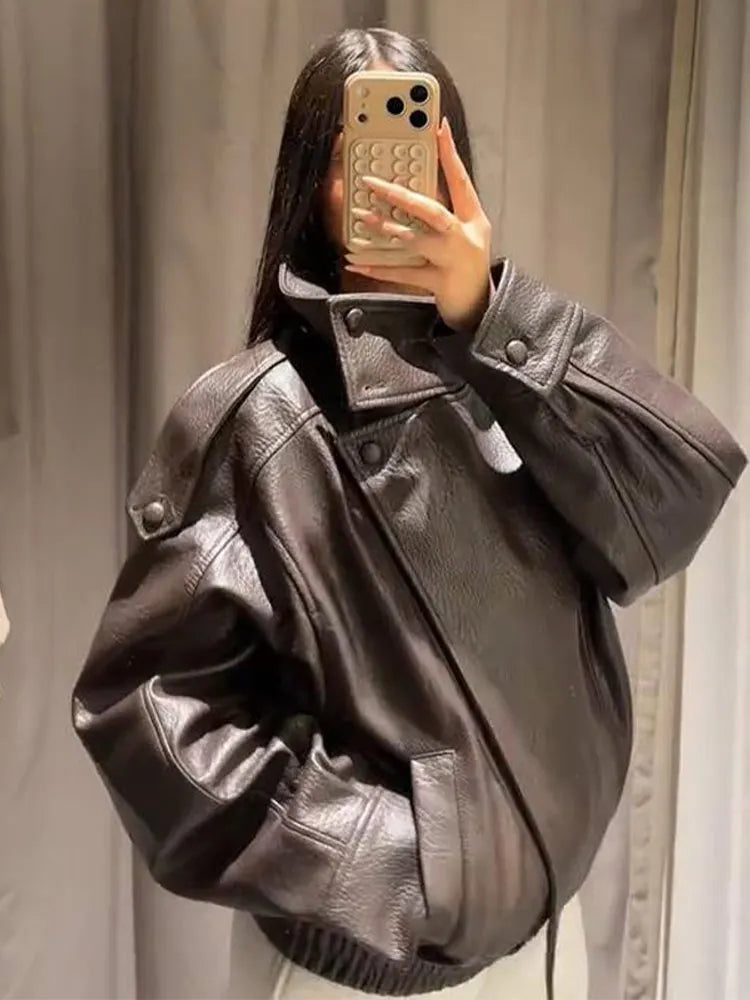 2026 Autumn Women's Faux Leather Jacket Brown Black Long Sleeve Stand Collar Thick Loose Lady Coat Fashion Motorcycle Streetwear LadyShow.Store