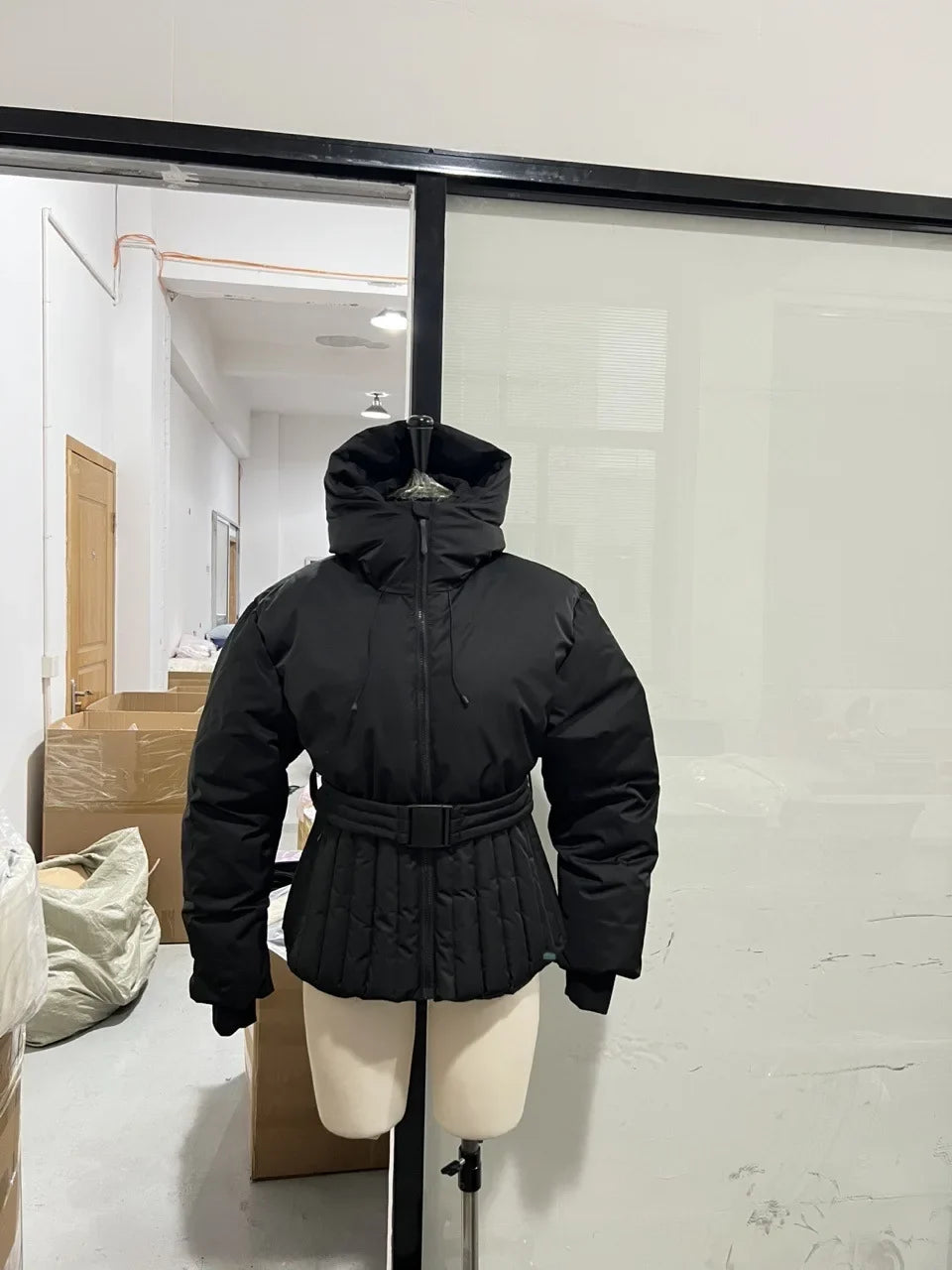 Belted Chic Hooded Cotton Coat Women Casual Full Sleeve Stand Collar Zipper Short Skiwear  Lady Winter Sport Puffer Jacket LadyShow.Store