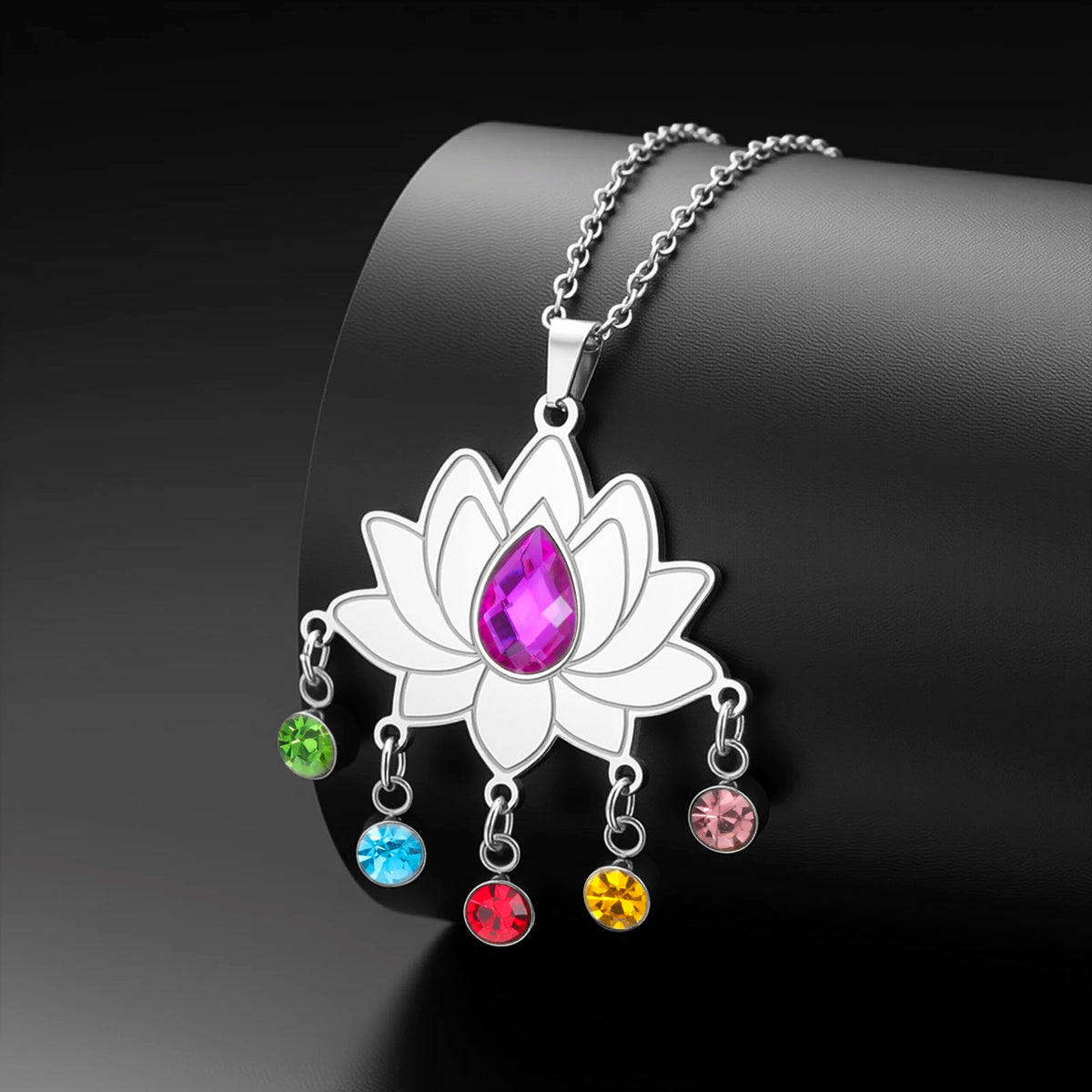 Gold Plated 7 Chakra Lotus Flower Necklace with Om Symbol Spiritual Yoga Jewelry Seven Colorful Zircon Lotus Flower Necklace Pi-Mart