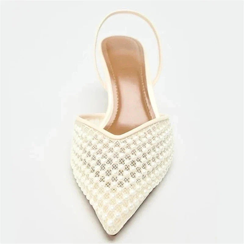 Mesh String Bead Brand Sandals Women Pumps Pointed Toe Elegant Slingback High Heels Female Designer Banquet Wedding Dress Shoes LadyShow.Store