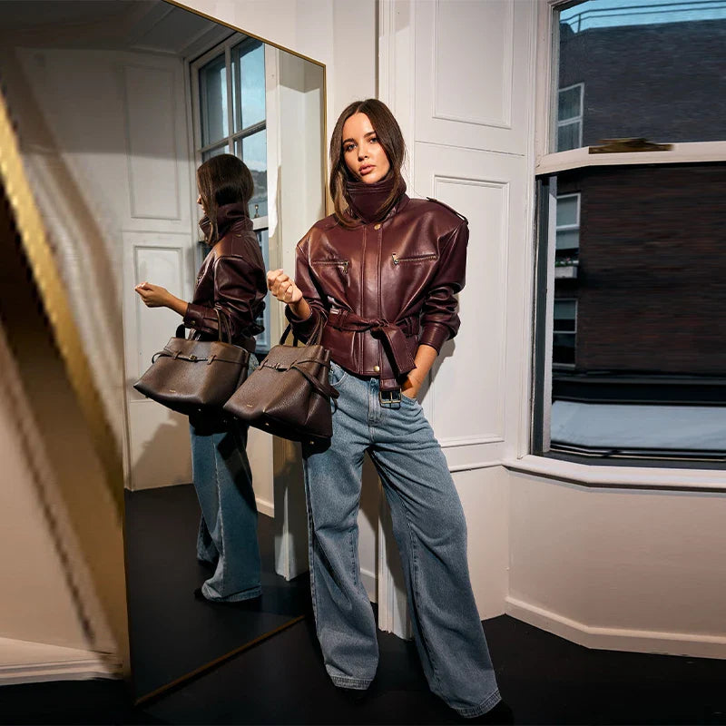 Vintage Fashion Elegant High Neck Leather Jacket 2025 New Exquisite Cinched Waist Short Coat High Street Faux Leather Clothes LadyShow.Store