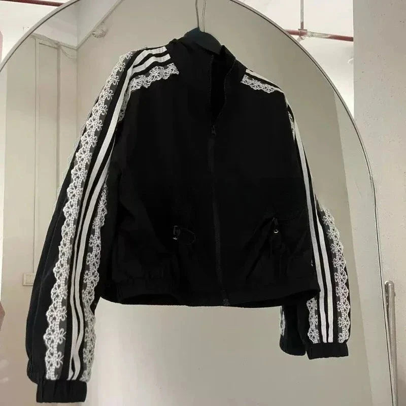 2026 Lace Patchwork Striped Sun Protection Jacket for Women 2025 New Korean Causal Zipper Stand Neck Cardigan Coat Top Design LadyShow.Store