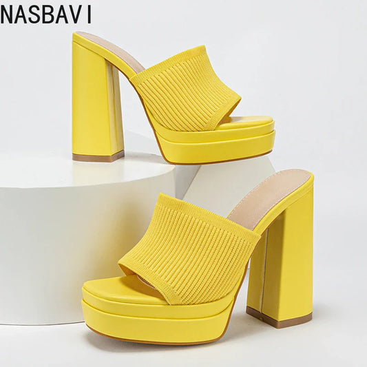 NASBAVI Cosy Stretch Fabric Knitted Chunky High Heels Women Slipper Fashion Platform Open Toe Wedding Party Ladies Shoes LadyShow.Store