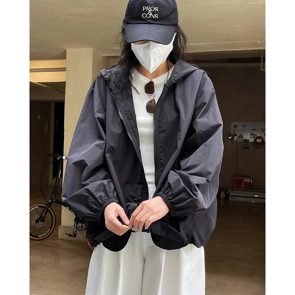HanOrange 2026 Summer Light Transparent Hooded Zipper Sunscreen Jacket Women Loose Silhouette Thin Long Sleeve Jacket Female' LadyShow.Store