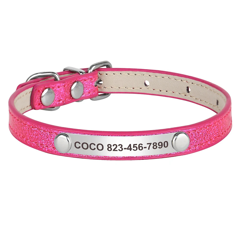 Personalized Cat Collar Custom Leather Cat Collars Free Engraved Puppy Kitten ID Necklace Bling Pet Collars for Small Dogs Cats Pi-Mart