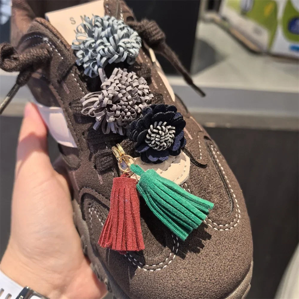 1Pcs Autumn Winter Maillard Tassel Pendant Shoe Charms Leather Flower Shoelace Buckle Sports Shoe Decoration Accessory Buckle Pi-Mart