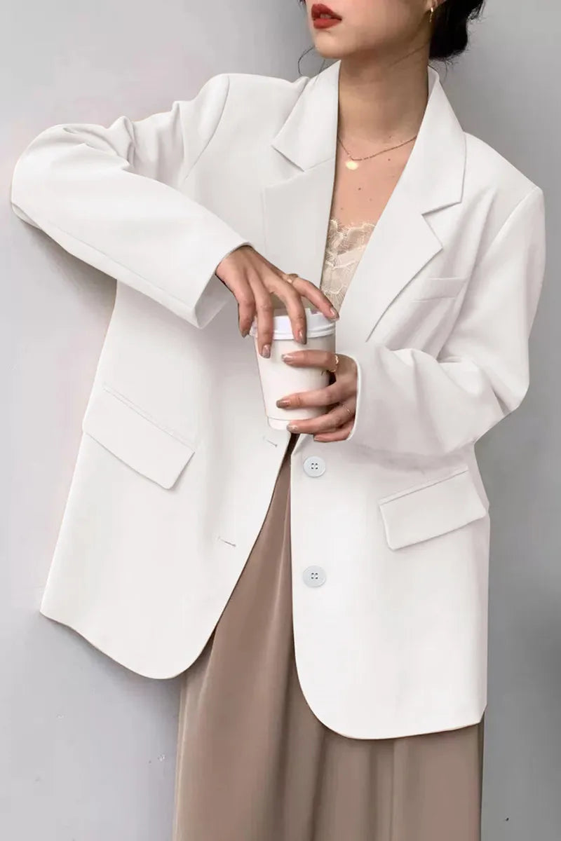 Mid Length Blazer Jacket Women Solid Long Sleeve Pocket Lapel Single Beasted Formal Coat Outerwear Loose Work Casual Blazers Pi-Mart