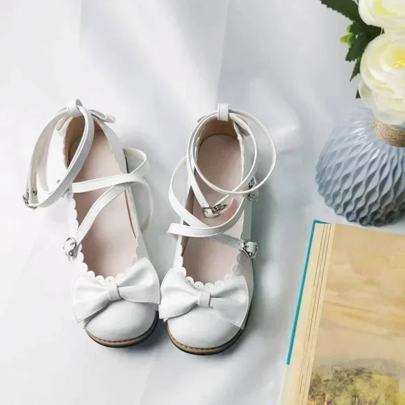 Lolita Shoes Women Flats Low Round With Cross Straps Bow Cute Girls Princess Tea Party Shoes Students Lovely Shoes Size 34-41 LadyShow.Store