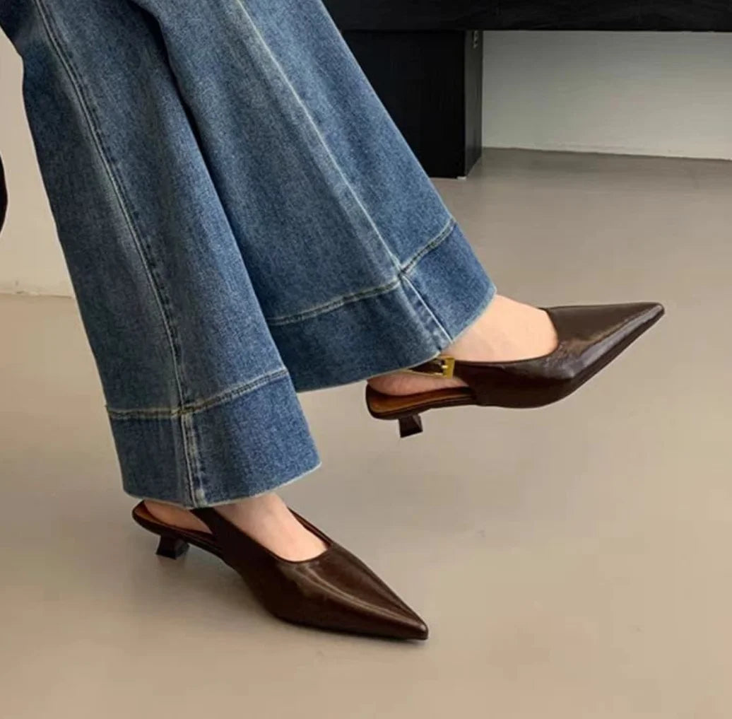 2025 Summer New Women Sandal Fashion Pointed Toe Shallow Slip on Ladies Elegant Slingback Shoes Thin Med Heel Dress Mules Pumps LadyShow.Store