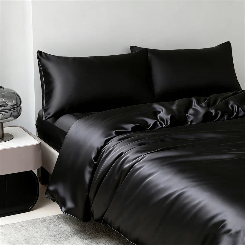 100% Mulberry Silk Bedding Set High End Silk Bed Sheets Set Luxury Smooth Duvet Cover Set Single Double Queen King Size Bedsheet LadyShow.Store