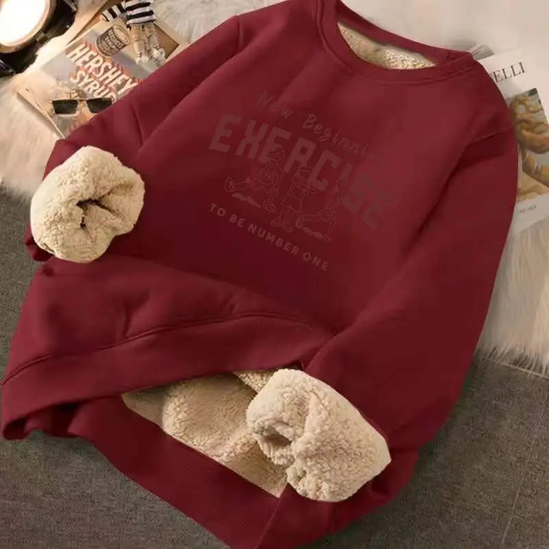 Sweatshirt Women's Winter Loose Letter Print Plush Thick Hooded Sweatshirt Warmth Padded Warm Fleece Lined Pullover Sweater Top LadyShow.Store