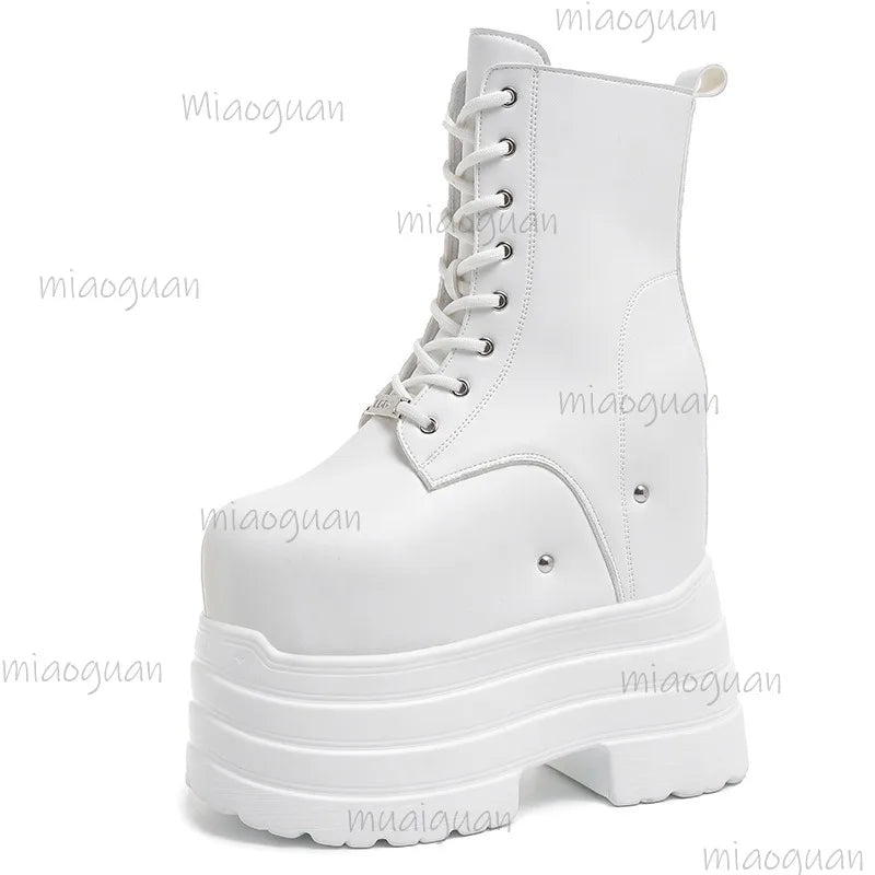 Height Increasing Women's High Boots Black Leather Thick Bottom Platform Shoes Side Zip Gothic Punk Short Boots Street Style LadyShow.Store