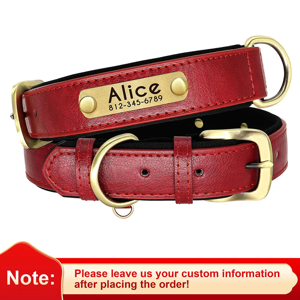 Customized PU Leather Nameplate Dog Collar Soft Padded Dogs Collars Free Engraving Name for Small Medium Large Dogs Adjustable LadyShow.Store