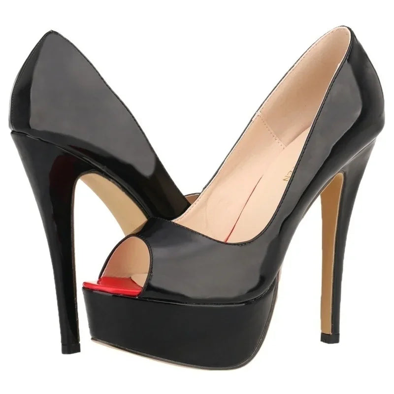 Women Pumps Sexy Platform Peep Toe 14cm Extremely Thin High Heels Stiletto Patent Leather Fashion Party Nighclub Wedding Shoes Pi-Mart