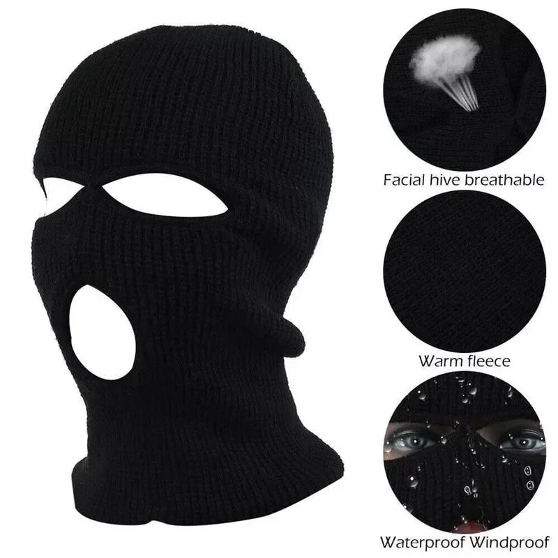 Winter Motorcycle Windproof Full Face Knit Hats Ski Mask Men Warm Wool Balaclava embroidery Winter hats Knitted 3 Holes Ski Mask Pi-Mart