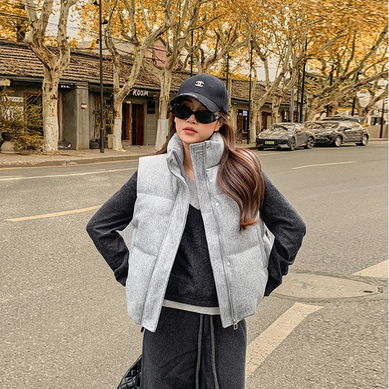 Short Down cotton Vest Women's 2025 Korean Fashion New Stand-up Sleeveless Zipper Student Vest Jacket Black Gray Waistcoat Tide LadyShow.Store