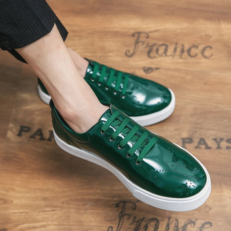 Spring Autumn Leather Shoes High Quality Patent Leather Casual Shoes Lace Up Sneakers Green Fashion Sole Designer Leather Shoes Pi-Mart