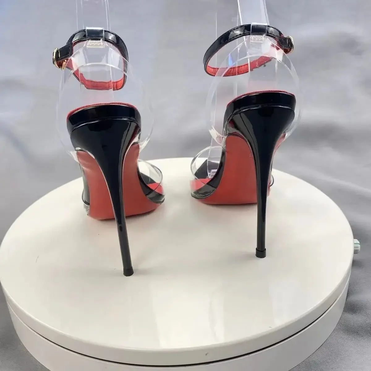 New European and American electric purple ultra soft transparent PVC sandals with straight stripes and slim heels, 12cm sexy Pi-Mart
