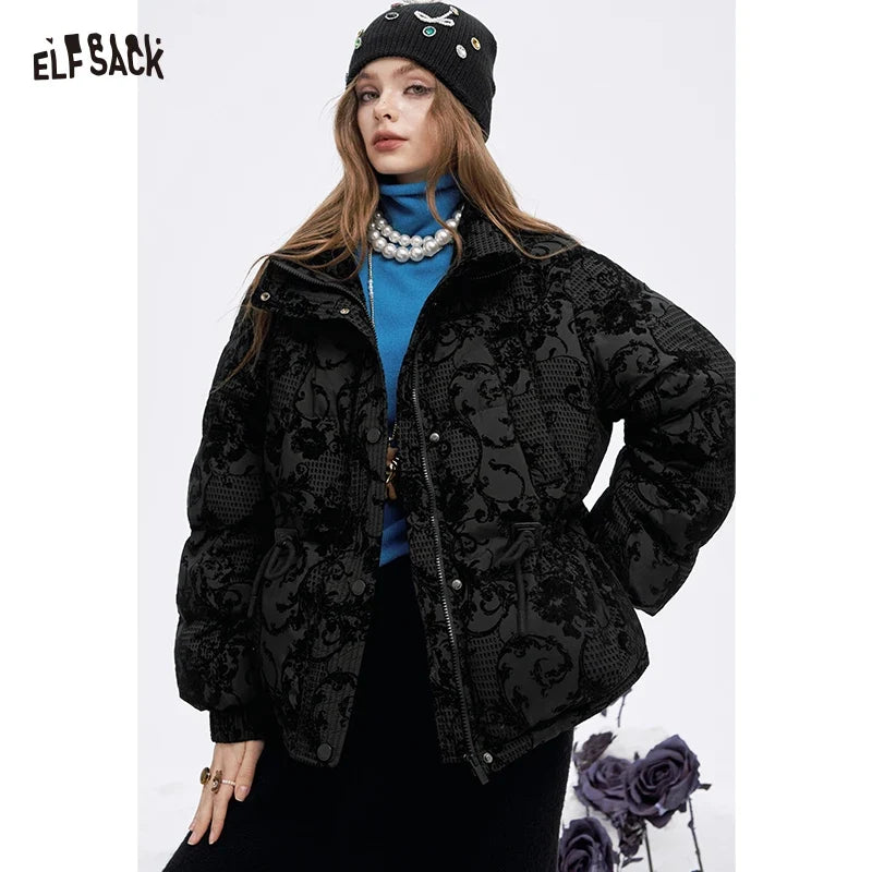 ELFSACK 2025 Puffy Down Coat Women Jacquard Embroidery Waist Gathered Gothic Royal Vintage Y2K Winter Long Puffer Jacket LadyShow.Store