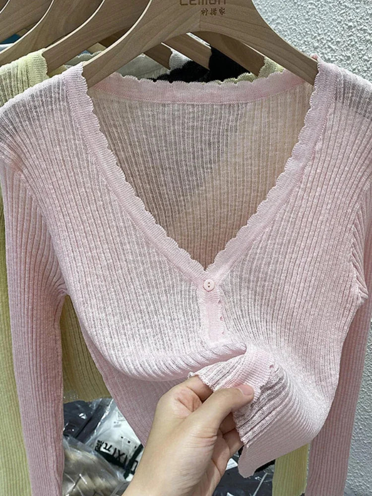 Summer Short Ice Silk Knitted Sun Protection Cardigan Women's Thin Suspender Skirt Layered Gauze Jacket Air-conditioned Cover Up LadyShow.Store