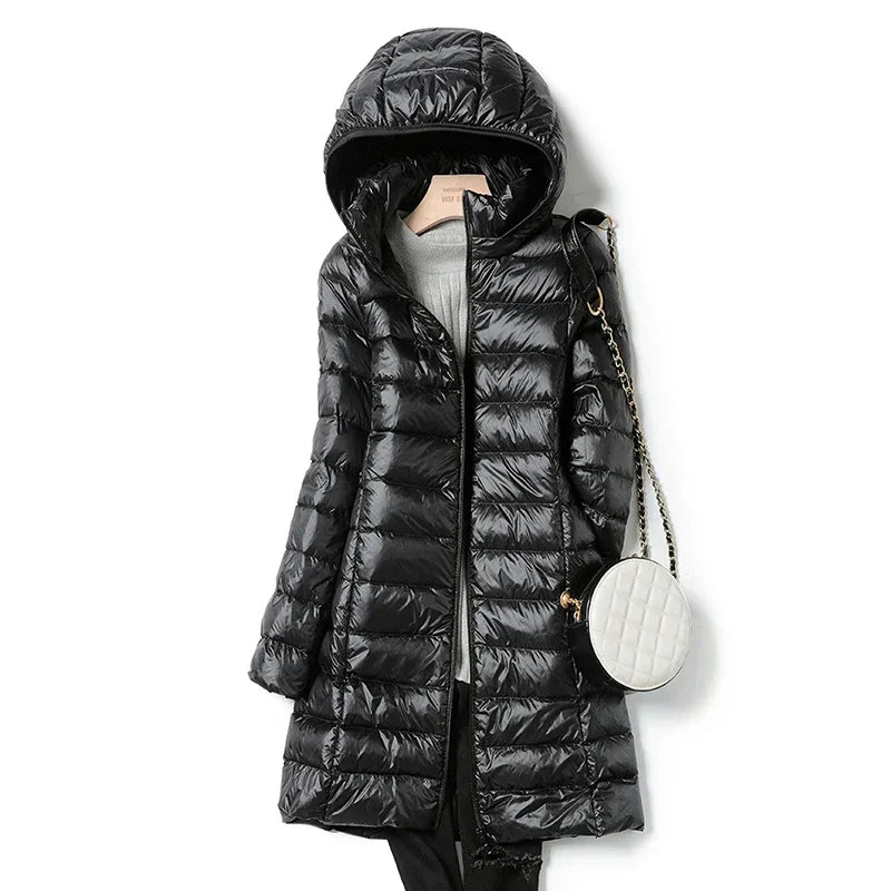 Plus Size Winter Womens Fashionable Outerwear Down Jackets Long Light Thin Coat Puffer Jacket Korean Slim Remove Hooded Parka LadyShow.Store