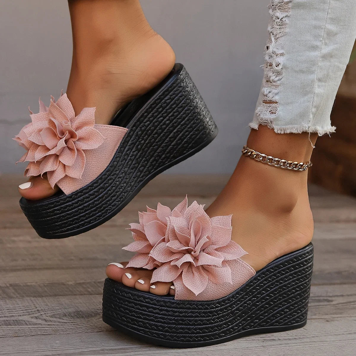 Women Platform Slippers 2024 New Summer Beach Wedges Sandals Fashion Flower Casual Slippers Women High Heel Slippers Women LadyShow.Store