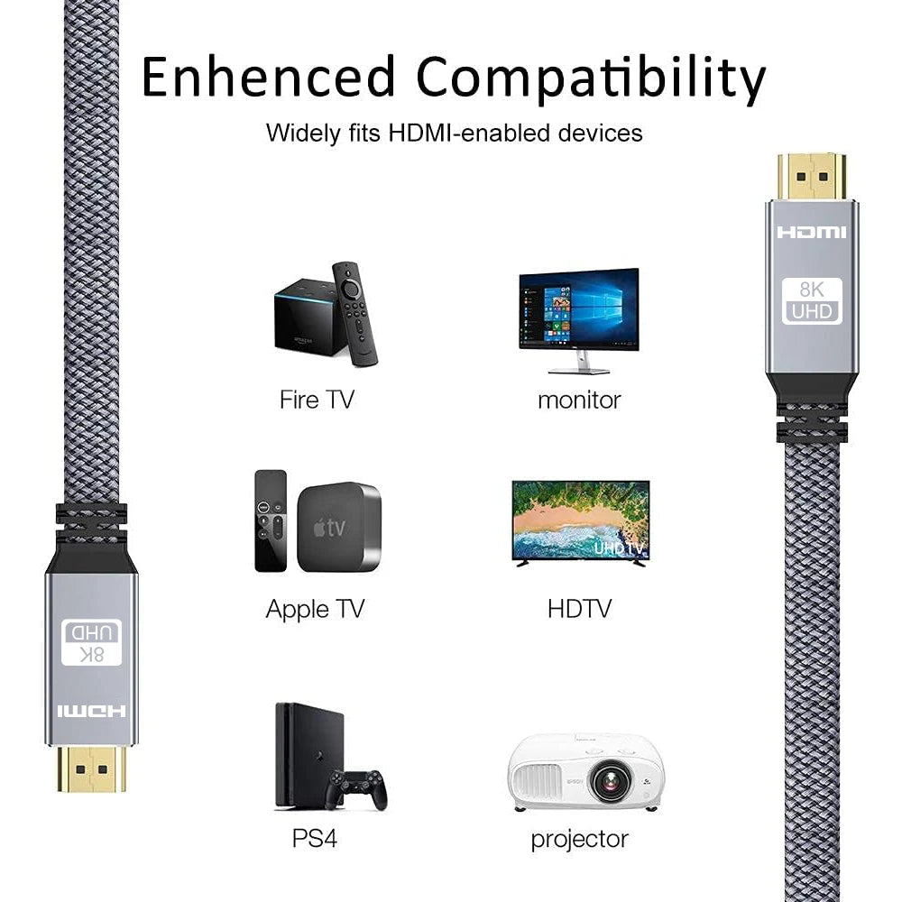 8K HDMI Flat Cable 48Gbps High Speed 8K60 4K120 144Hz Braided HDMI 2.1 Cord 3D eARC HDCP 2.2&2.3 Compatible with Roku TV/PS5 Pi-Mart