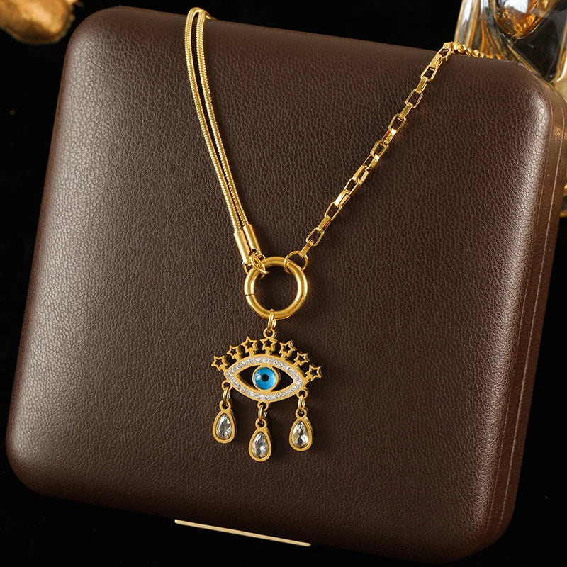 GANEMLY 316l Stainless Steel Luxury Bling Cubic Zirconia Eye Droplets Pendant Necklace Women Chic Romantic Waterproof Jewelry Pi-Mart