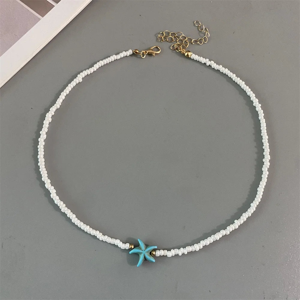Shell Starfish Woman Short Necklace Summer Holiday Gift Handmade Choker  Seed Beads Neck Jewelry White Pi-Mart