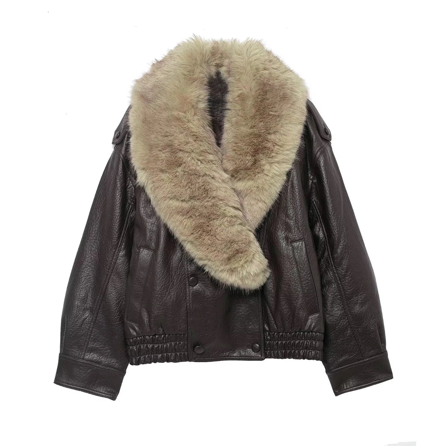 TFMLN 2025 Winter Women Loose Faux Leather Jacket Fashion Removed Big Fur Collar Causal Coat High Street Double Breasted Outwear LadyShow.Store