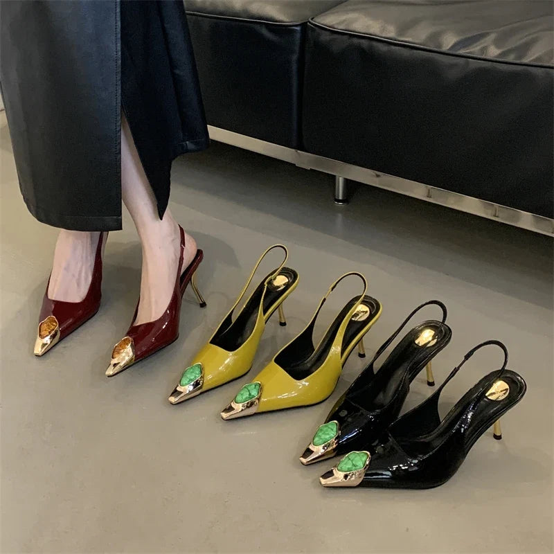 Aneikeh Street Style Design Metal Square Head Diamonds Woman Pumps Sandals Elegant Sexy Low-heel Banquet Prom Slingbacks Shoes LadyShow.Store