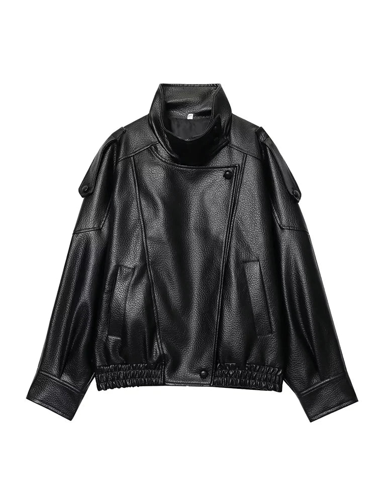 Women Fashion Leather Jacket Autumn Winter Loose Causal PU Faux Leather Jackets Coat Fashion Street Motorcycle Jackets LadyShow.Store