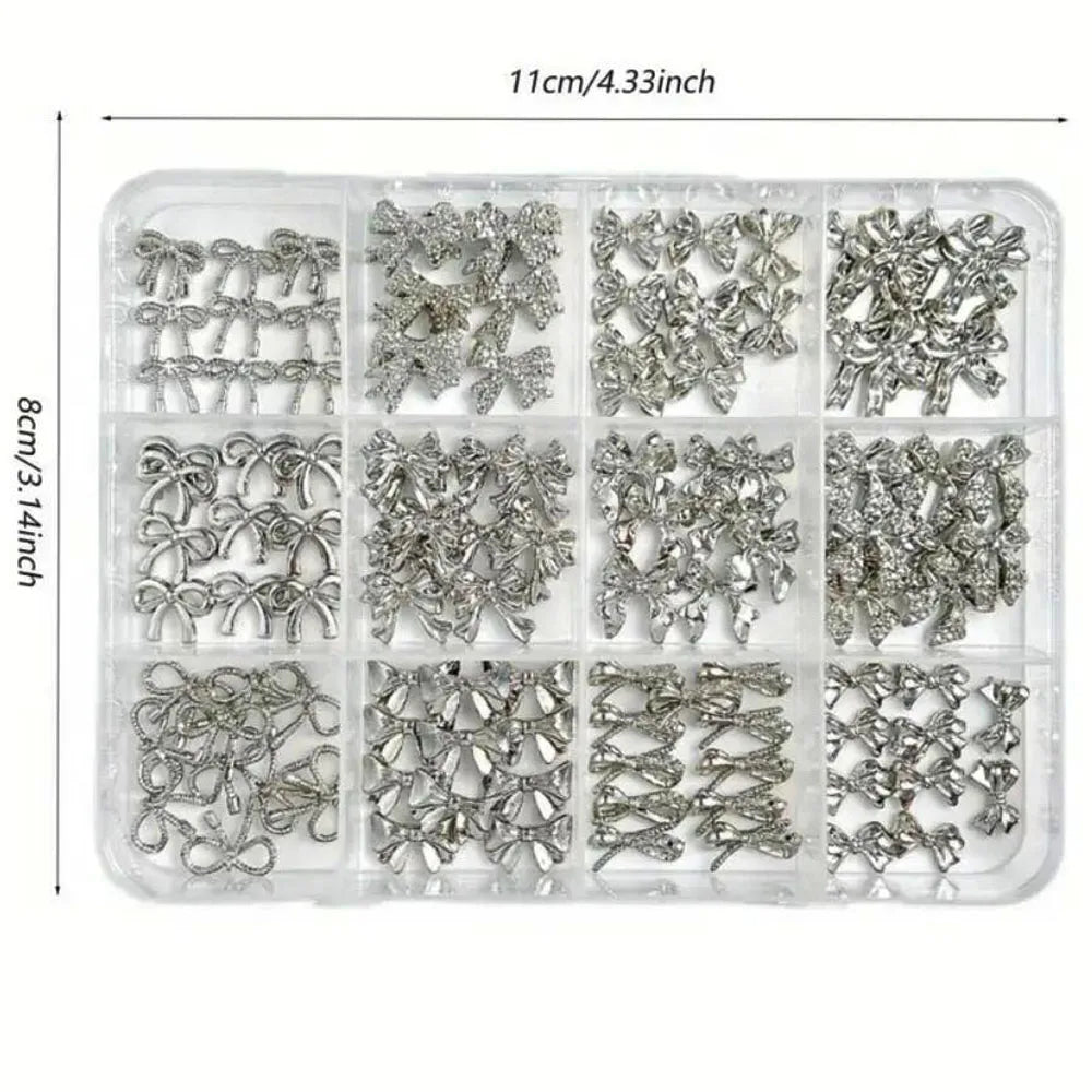120Pcs/Box 3D Silver Exquisite Bowknot Nail Charms Simple Alloy Ribbon Bowtie Nail Art Decorations DIY Luxury Manicure Accessory Pi-Mart