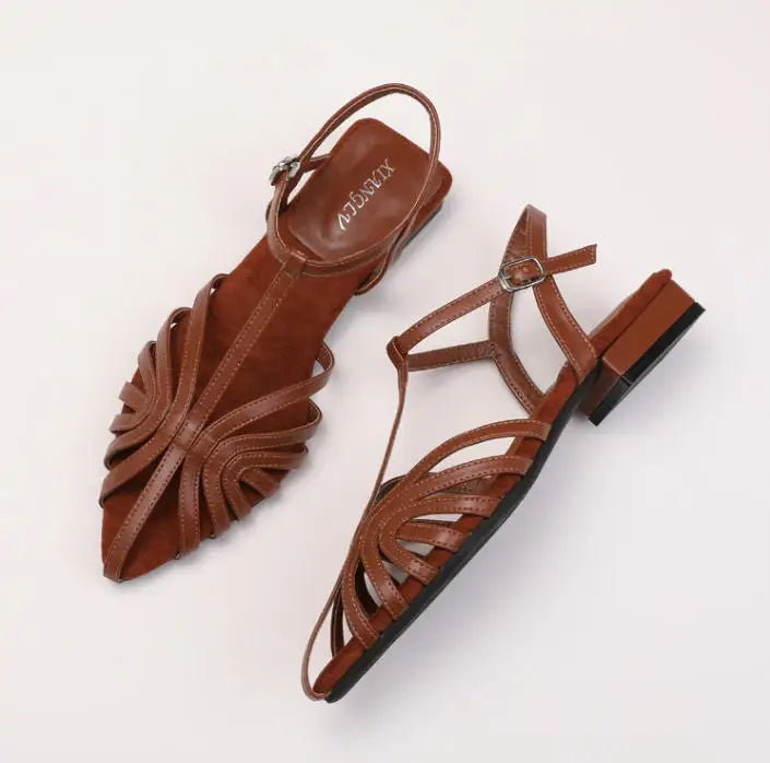 ZAROY Women Roman Sandals Summer Low Heel Ankle Strap Buckle Sandals Pointed Toe Hollowed Out T-strap Sandalias сандали LadyShow.Store
