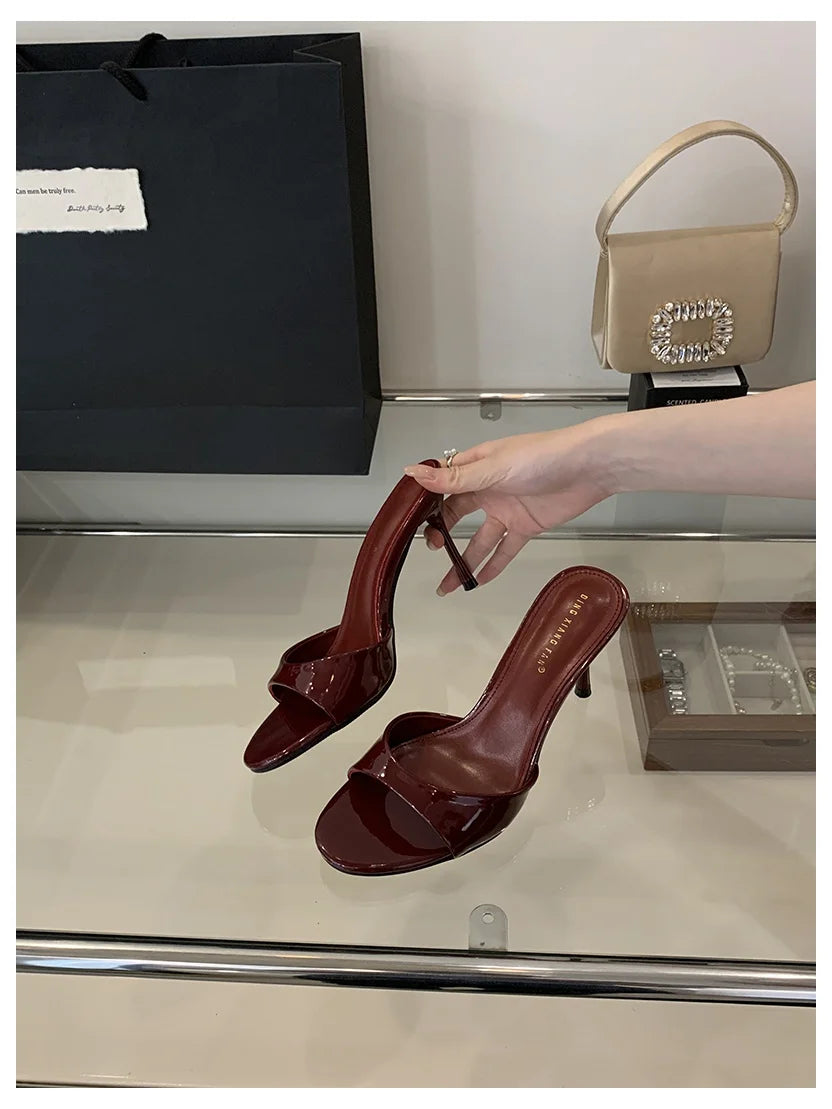 2026 Fashion Sexy Thin High Heels Slides Women Open Toe Pumps Slip Sandal Female Slippers Mule Patent Leather Outdoor Flip Flops LadyShow.Store