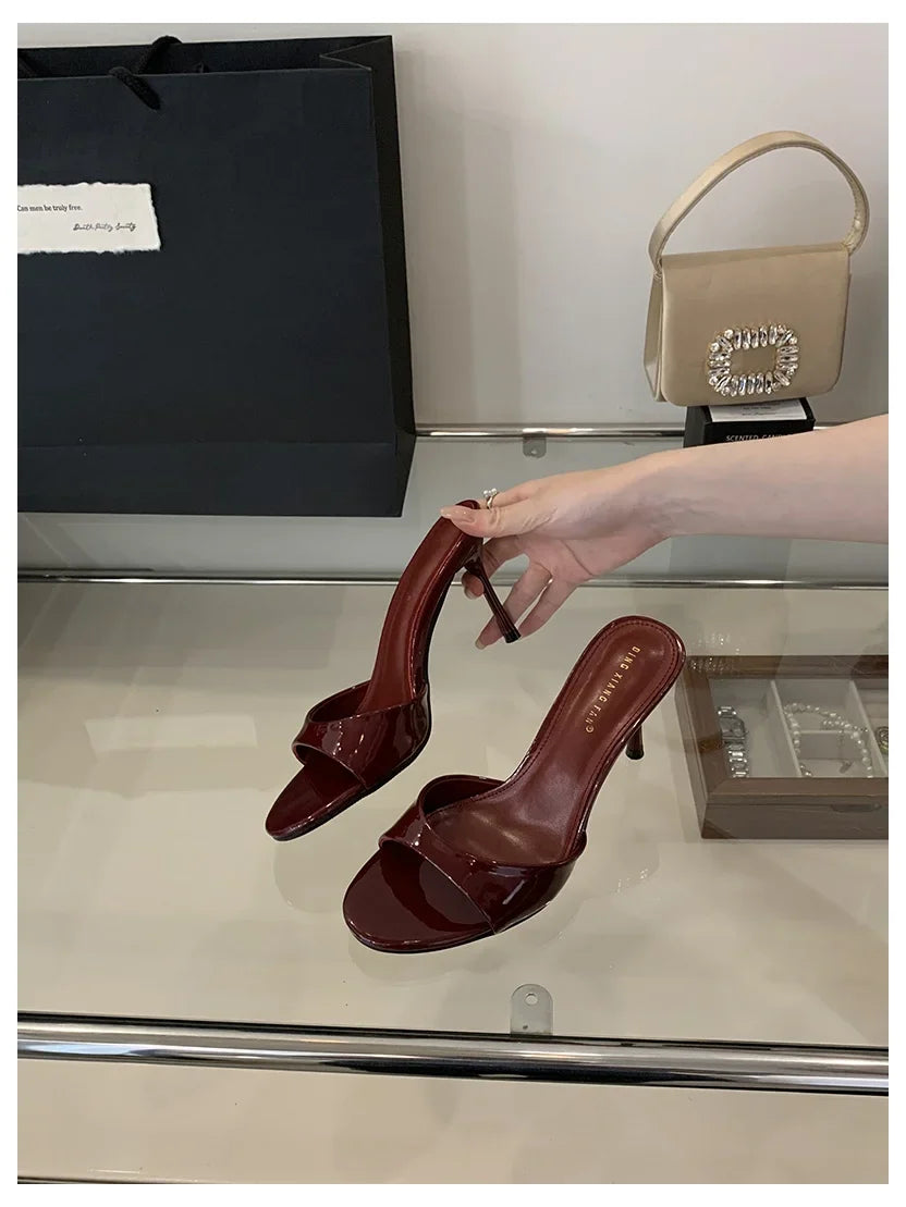 2026 Fashion Sexy Thin High Heels Slides Women Open Toe Pumps Slip Sandal Female Slippers Mule Patent Leather Outdoor Flip Flops LadyShow.Store