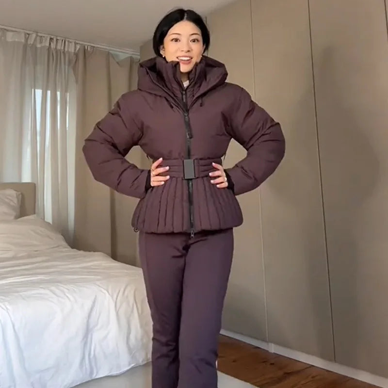 Belted Chic Hooded Cotton Coat Women Casual Full Sleeve Stand Collar Zipper Short Skiwear  Lady Winter Sport Puffer Jacket LadyShow.Store