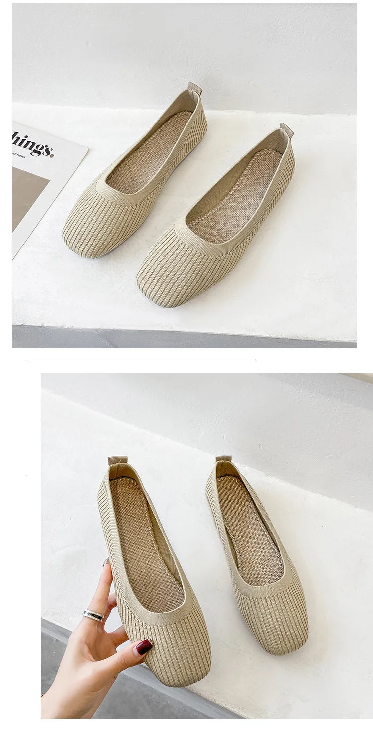 Women Leisure Flats Summer Autumn Flat Shoes Breathable Knitted Square Toe Slip-on Female Daily Walking Driving Loafers Pi-Mart