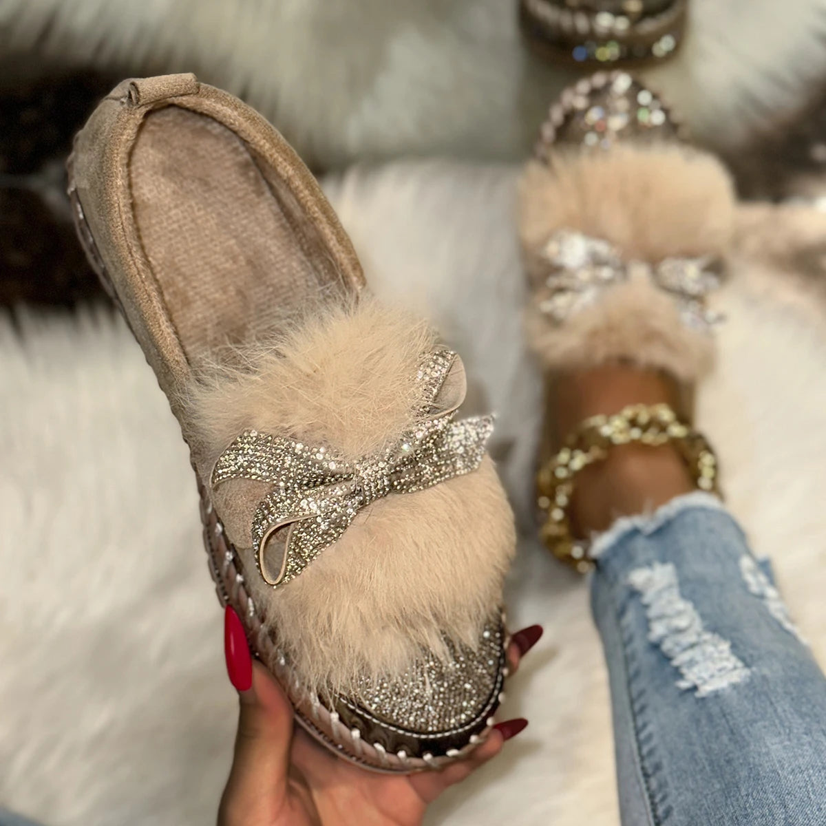 Trend Women Sneakers Furry Crystal Bow  Women Casual Shoes Flat Platform Loafers Short Plush Warm Autumn Winter Sneakers Woman Pi-Mart