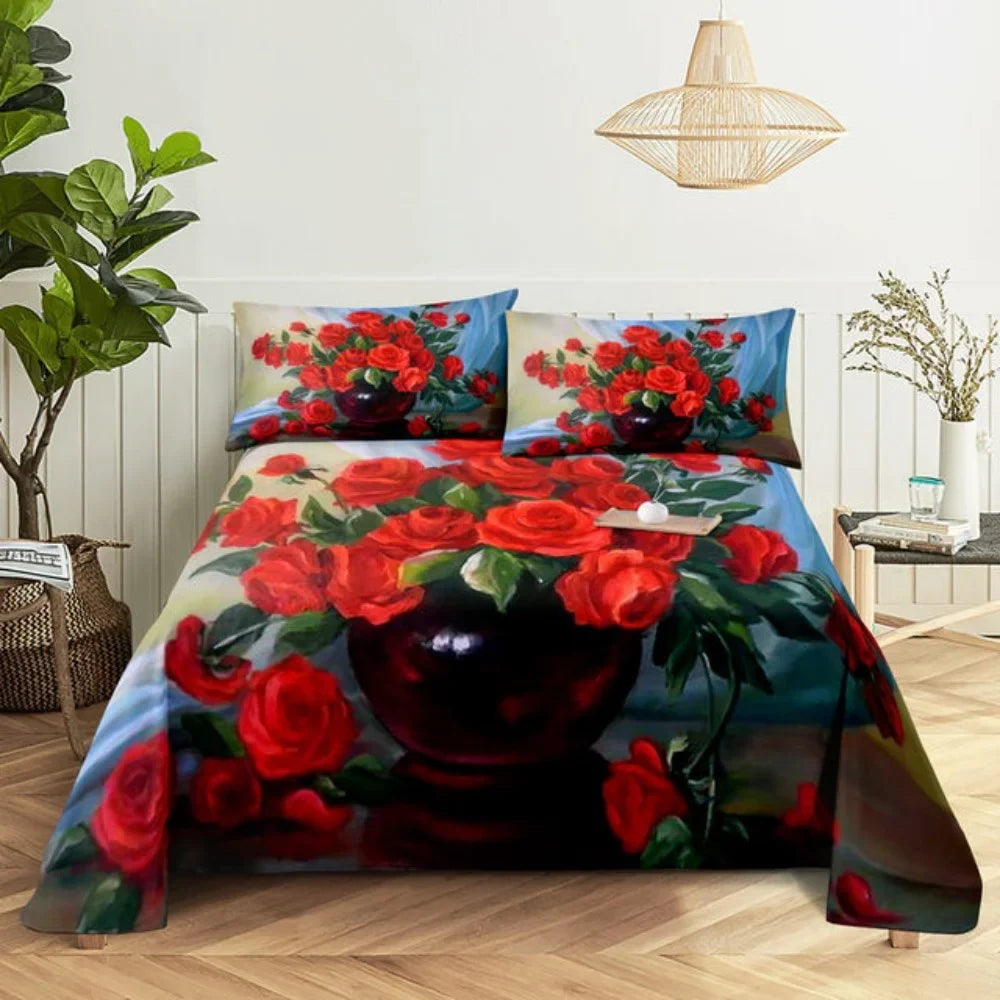 Pink Rose Bed Sheet Sets 3D Print Flowers Bed Flat Sheet for Women Girls King Queen Full Twin Size 2/3pcs Bed Linen Room Decor LadyShow.Store