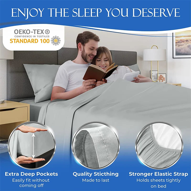 Luxury 100% Bamboo Bed Sheet Set with Fitted Sheets Flat Bedsheet Pillowcase Double Queen King Size Bedding Sets Smooth Silky LadyShow.Store