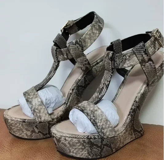 Strange Style Women Metal Color Woman Summer Platform Sandals Sexy Hoof Heel Ankel Buckle Strap Open Toe Shoes High Quality LadyShow.Store