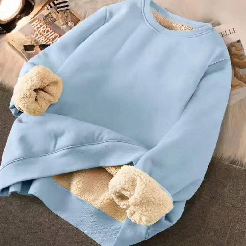 Sweatshirt Women's Winter Loose Letter Print Plush Thick Hooded Sweatshirt Warmth Padded Warm Fleece Lined Pullover Sweater Top LadyShow.Store