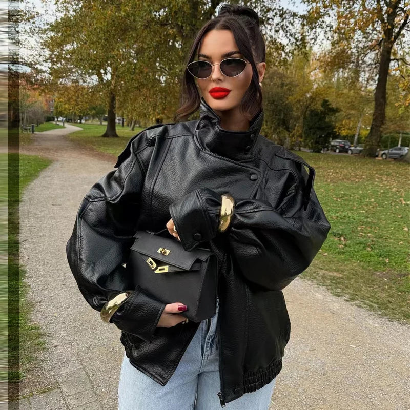 HXAO New Arrival Women's Bomber Jacket Leather Black Jackets Cropped Oversize Outerwears Zip-Up Long Sleeve Coats Outdoor Jacket Pi-Mart