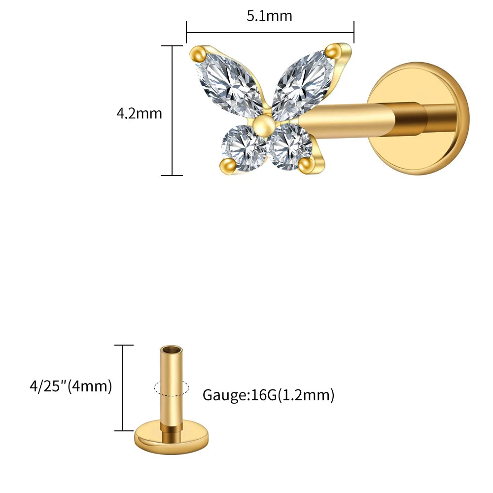 Right Grand ASTM F136 Titanium 16G Mini Butterfly CZ Labret Tragus Cartilage Conch Forward Helix Stud Nose Piercing Body Jewelry Pi-Mart