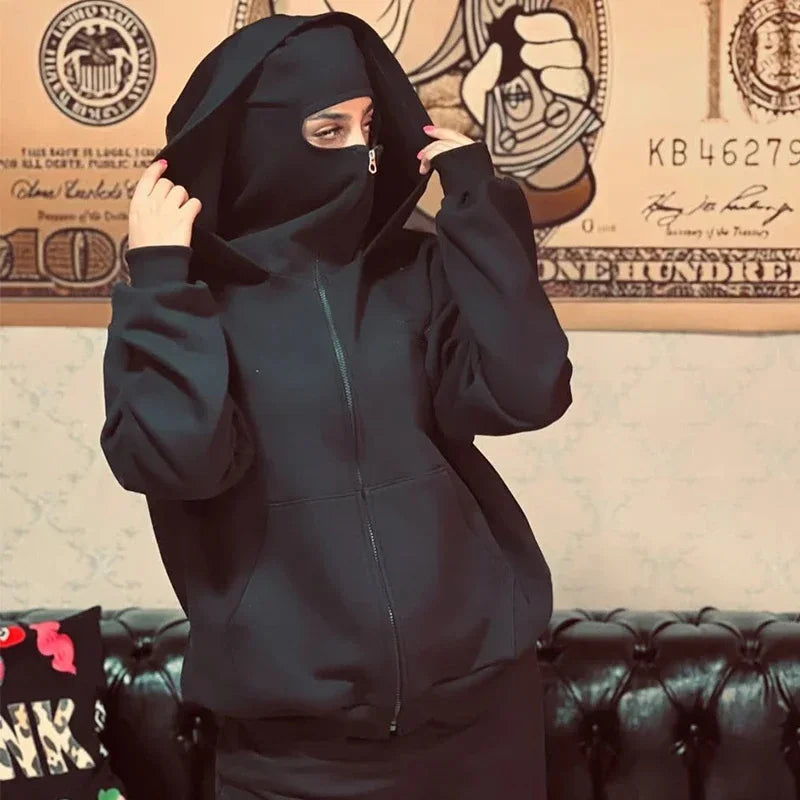 Men and Women Balaclava Y2K Gothic Harajuku Spring Autumn Winter New Item Double Hooded Sweatshirt Men Hooded Mask Zipper Jacket Pi-Mart